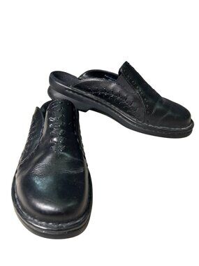 Clarks Slip-On Mules Black Leather Women's 8 With Stitch Detail Comfort Support